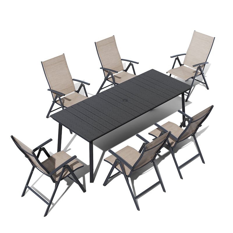 7PC Outdoor Patio Dining Set With Umbrella Hole Table Adjustable Folding Chairs - N/A - Black-Table&Espresso-Chairs