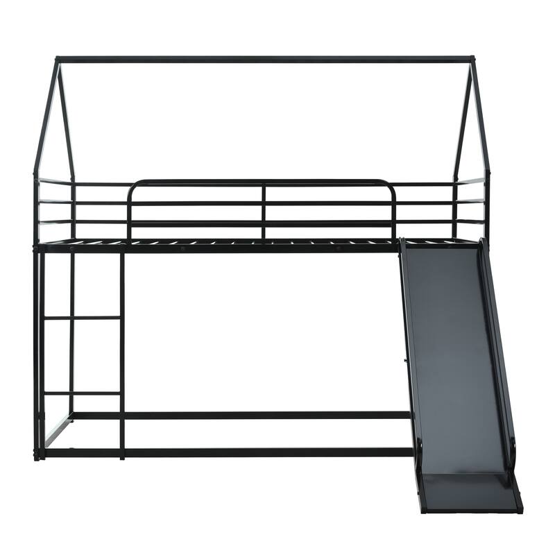 Metal Twin Over Twin House Bunk Bed with Ladder and Slider, Sturdy and Safe Design, Black