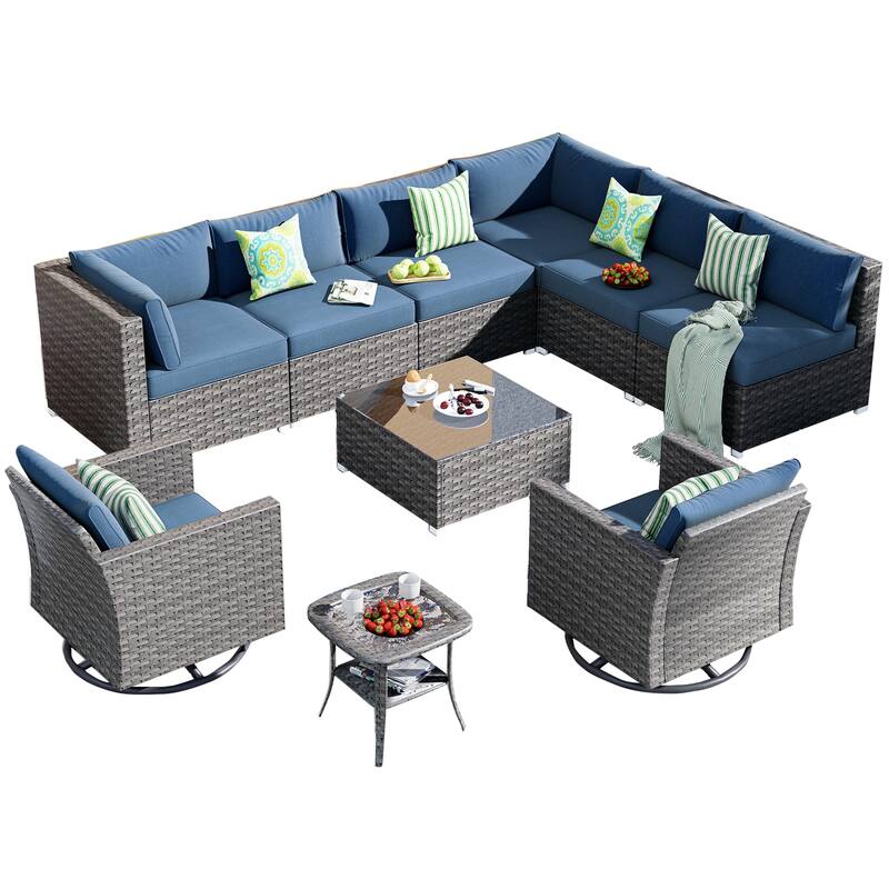 OVIOS Deep Seat Wicker 10-piece Sectional Set Swivel Chairs With Glass Top Coffee Table