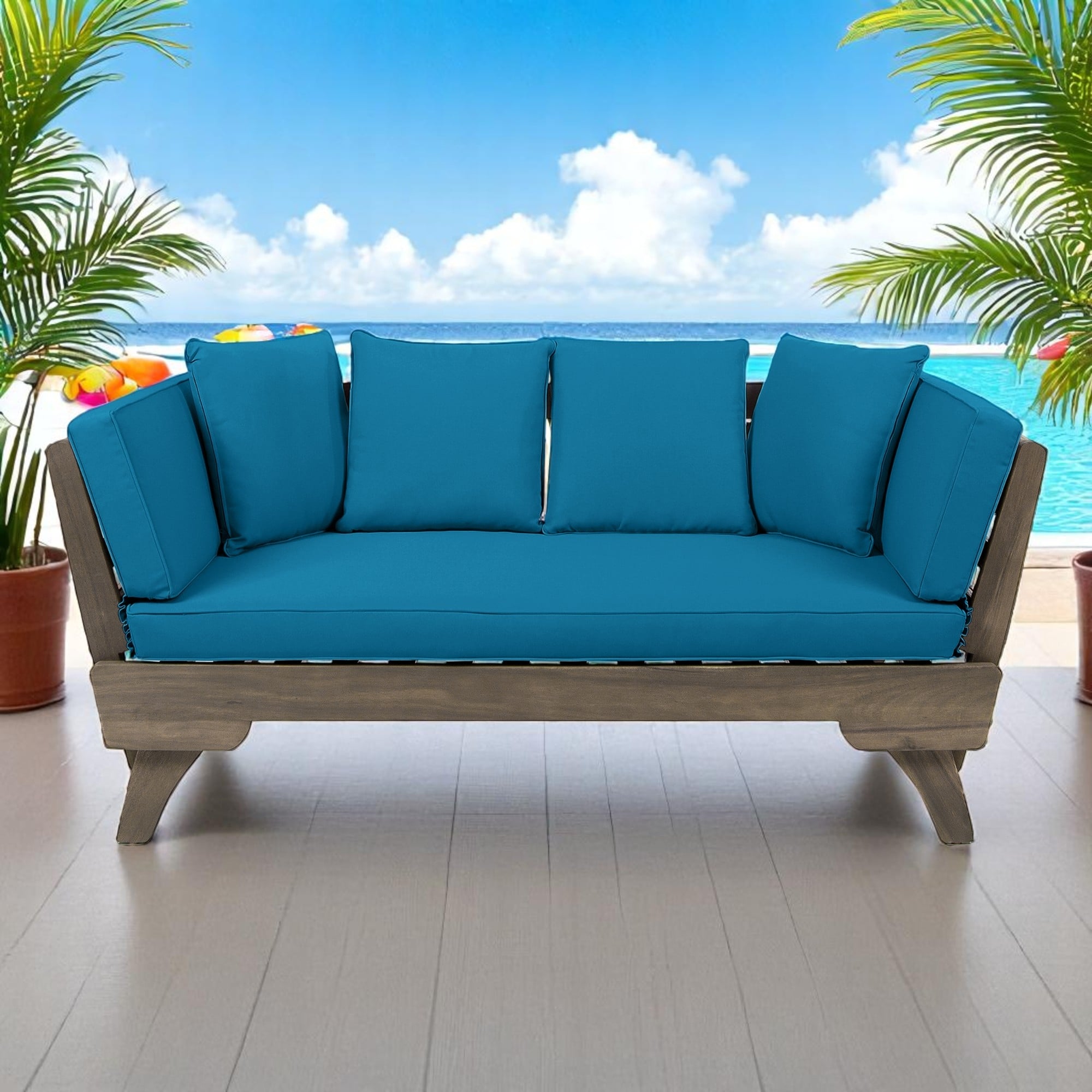 Outdoor Daybed Sofa, Acacia Wood Frame with Cushions, Expandable Design Patio Lounger for Garden, Balcony, Deck or Backyard