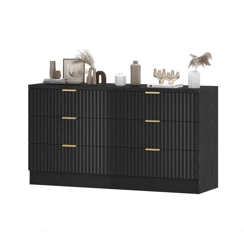 47" Wide Fluted 6 Drawers Dresser, Curved Profile Design Dresser - Black - 6-drawer