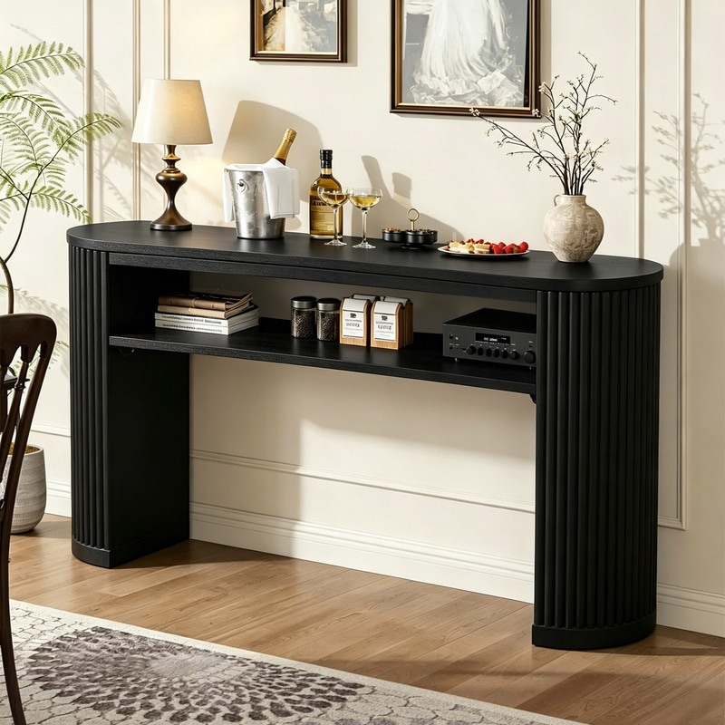 Farmhouse Oval Console Table Accent Table with Open Shelf and Curved Legs for Entryway Hallway