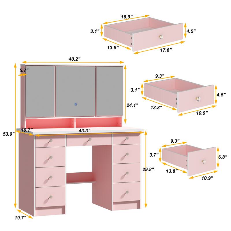 Makeup Vanity with 3-Color Lighted Mirror, Large Vanity Table Dressing
