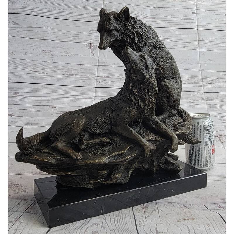 Two Wolves Wolf Family Bronze Metal Sculpture Statue On Marble Base 14 Inches X 14 Inches