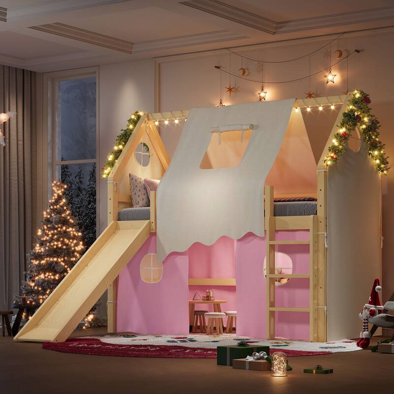 Fairytale Loft Bed Wooden House Bed with Tents, Light Strip and Slide