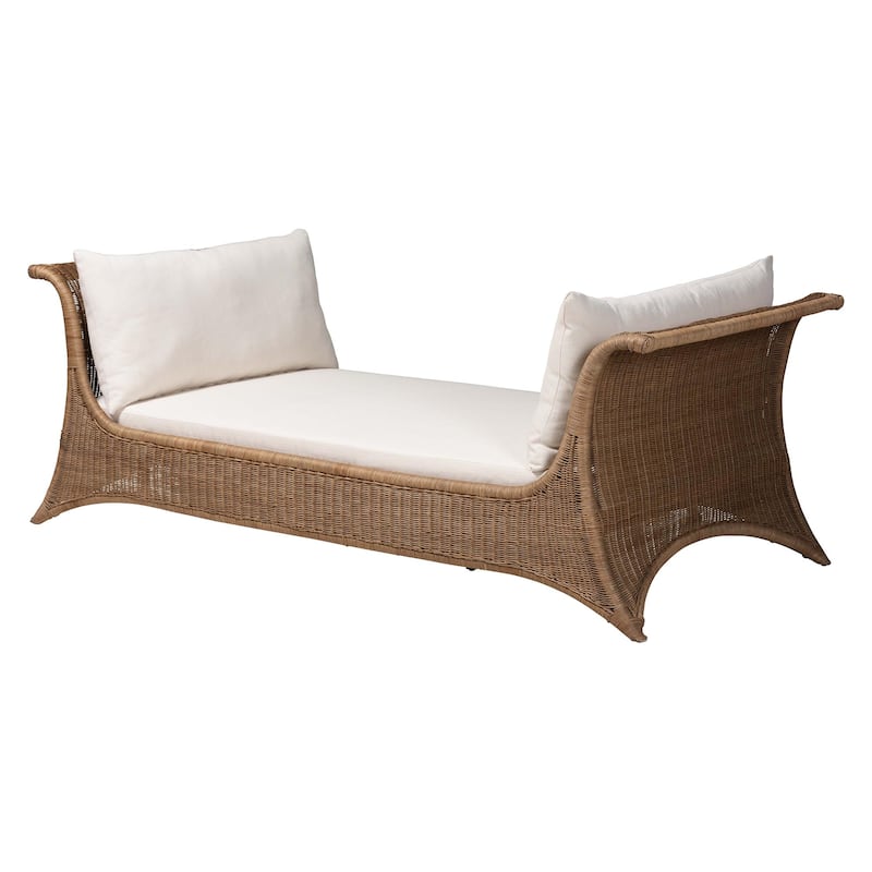 Kalisha Natural Rattan Daybed with Cushions - Coastal Boho Indoor Lounge Sofa Bench for Living Room, Sunroom, or Bedroom - Greywash