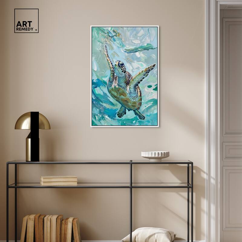 Art Remedy Serene Turtle Framed Colorful Coastal 1 Piece Canvas Wall Art