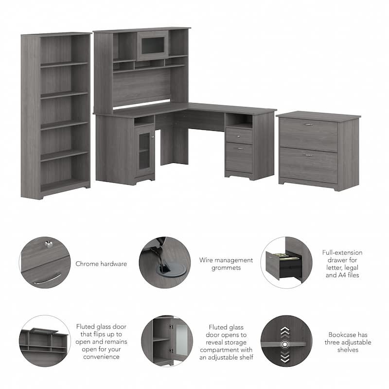 Cabot 60W L-Desk with Hutch, Cabinet and Bookcase by Bush Furniture