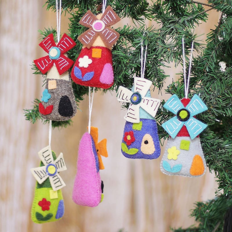 Novica Handmade Fantasy Windmills Wool Ornaments (Set Of 6)
