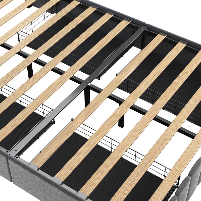 Low Profile Bed Wingback Upholstered Platform Bed with LED Lights, Stripe Headboard and 4 Under-bed Portable Storage Drawers