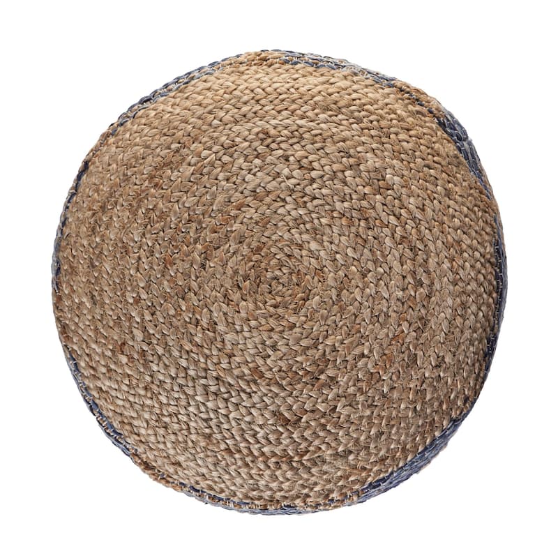 18" Navy Blue and Brown Geometric Jute Round Pouf Ottoman