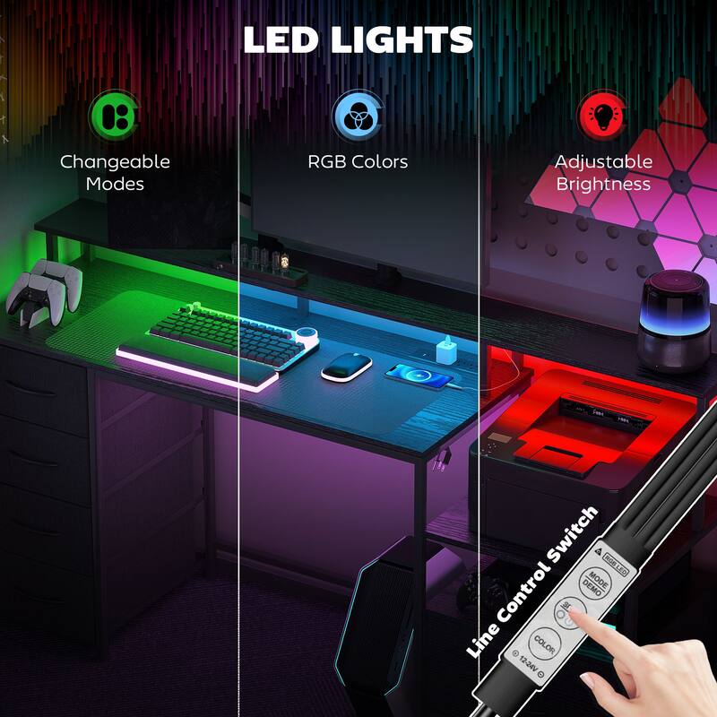 Distressed Black Gaming Desk with RGB Lights and Charging Station Storage Drawers