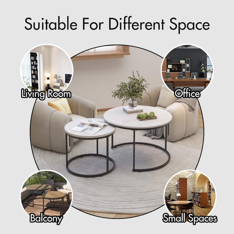 Modern Nesting Coffee Table Round Coffee Table Side Table, 2-Piece Set with Base, for Living Room, Brown