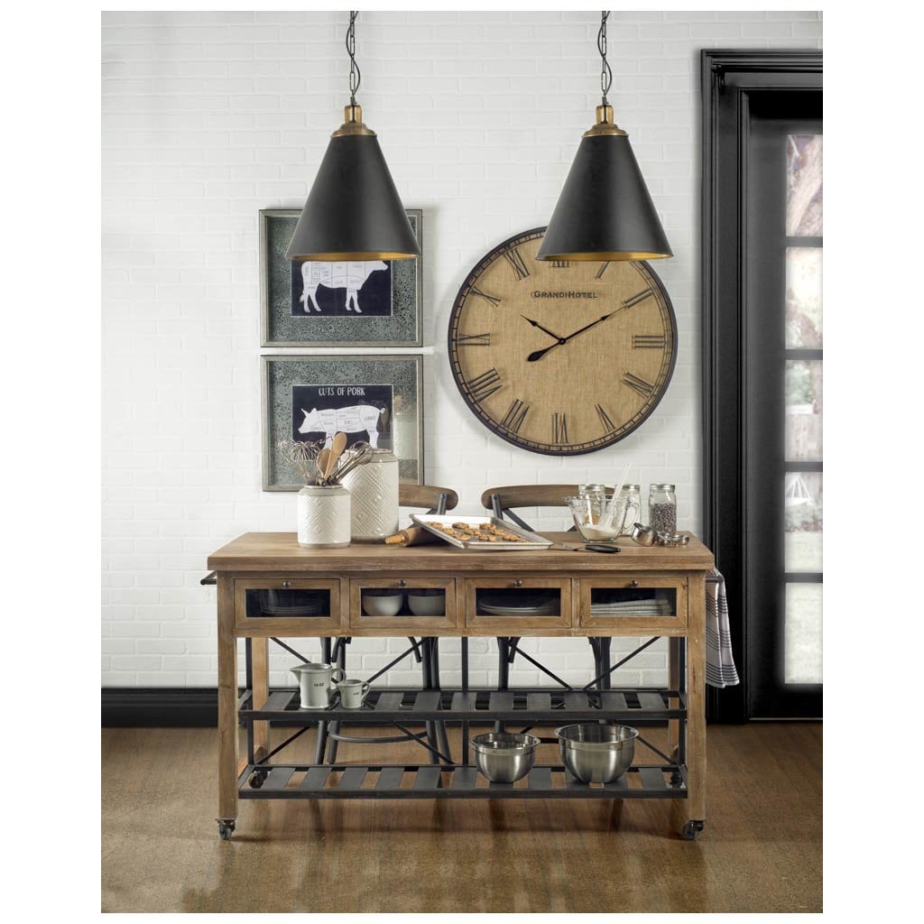 Mercana Stuart I Brown Solid Wood Top Two-Tier Black Metal Rolling Kitchen Island - 28.0L x 60.0W x 34.0H