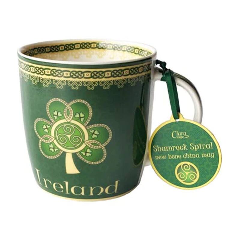 12.5oz Green Porcelain Mug with Celtic Symbolism Shamrock and Triskelion Perfect for Hot Beverages