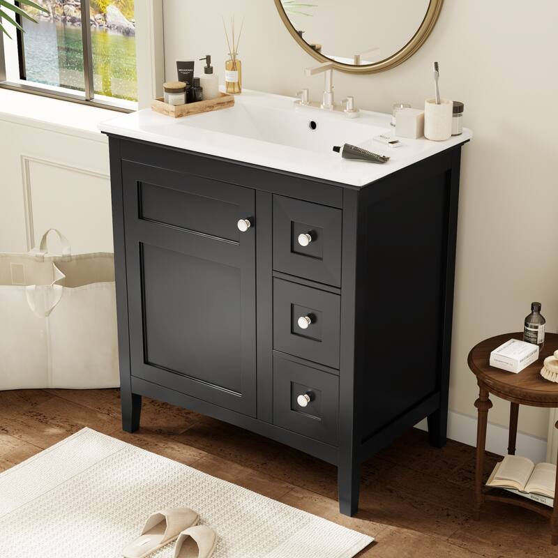 30'' Freestanding Bathroom Vanity in Black with White Integrated Ceramic Sink - 30'' x 18.3'' x 33.7''