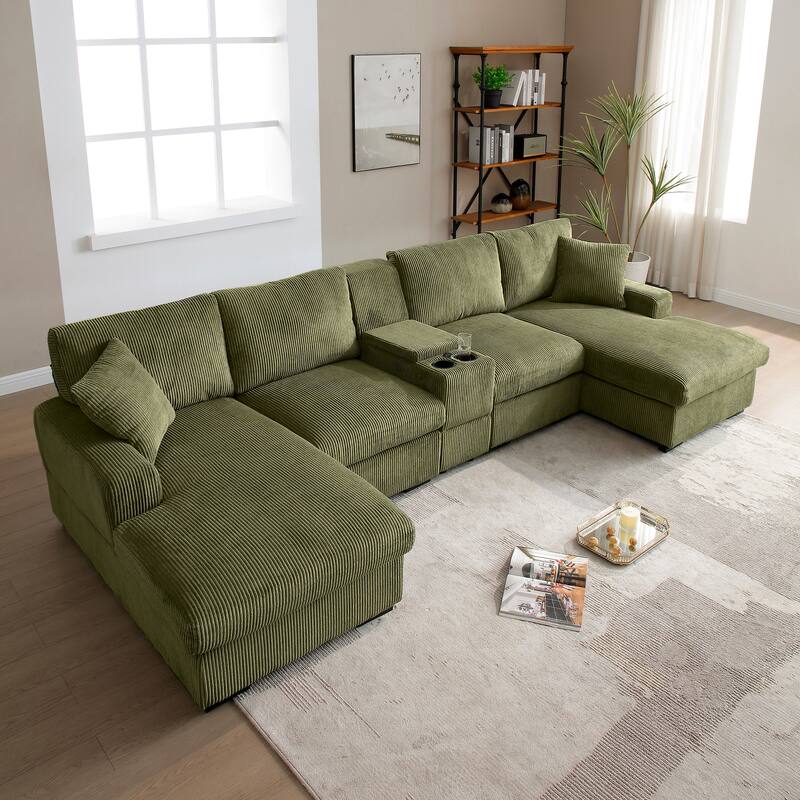 Modern Memory Foam Couch Corduroy U-shaped Sectional Sofa with Storage Console, Cup Holders and USB Ports for Living Room