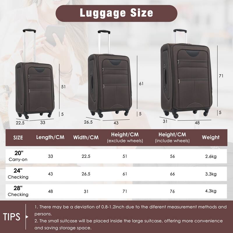 3 Piece ABS Softside Expandable Upright Spinner Luggage with TSA Lock and Duffel Bag