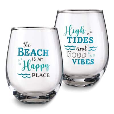 Curata Lillian Rose at The Beach Set of 2 Stemless Wine Glasses with Assorted Sayings