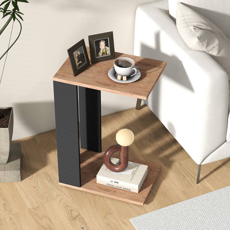 Gymax 2-Tier C Shaped Side Table w/ Universal Wheels & Shelf for Small