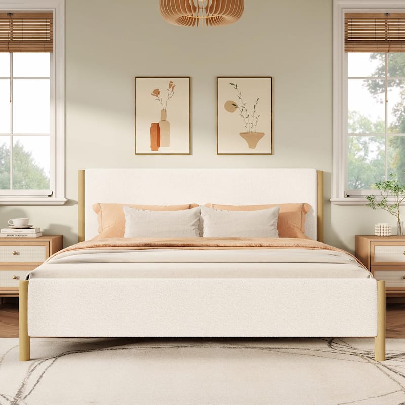 Modern White Bouclé Upholstered Bed with Rubberwood Legs - White - Queen