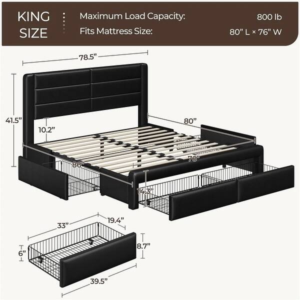 Upholstered Bed Frame with Storage Drawers and Built-In USB Ports King ...