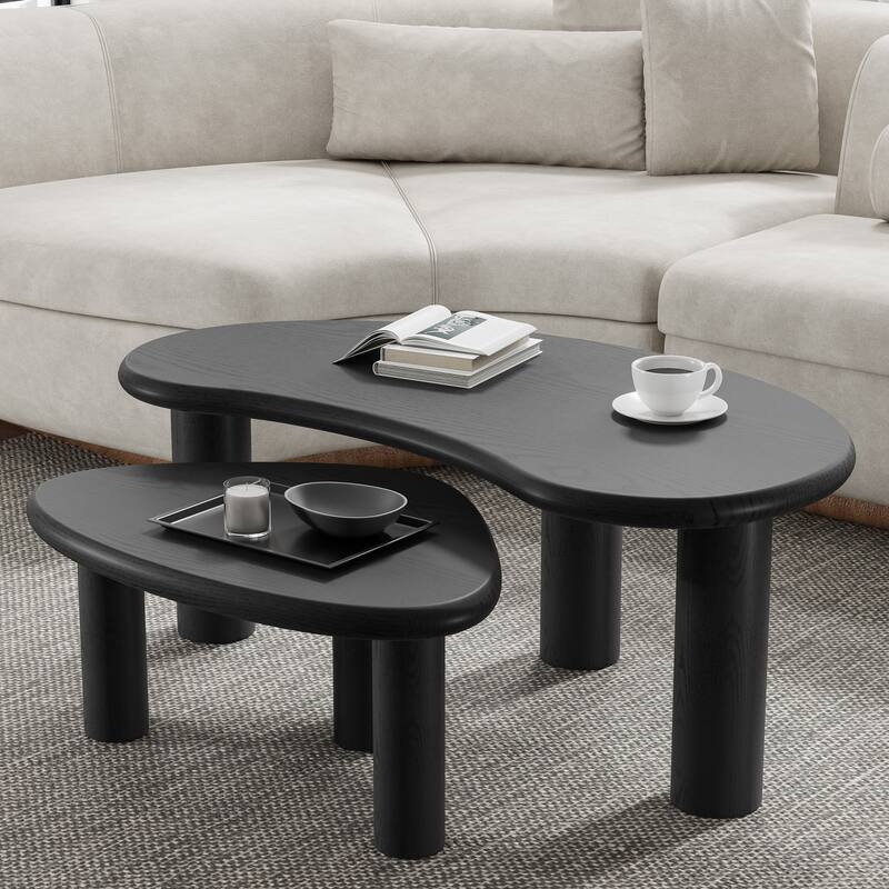 Modern Nested Coffee Tables Set 2-Piece Irregular Shaped Solid Wood Accent Tables for Home Office Living Room - Black