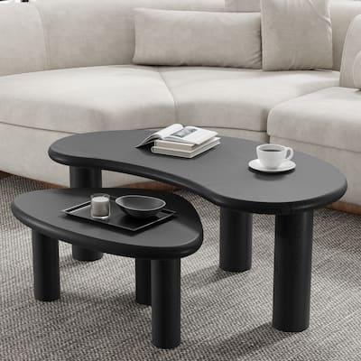 Modern Nested Coffee Tables Set 2-Piece Irregular Shaped Solid Wood Accent Tables for Home Office Living Room