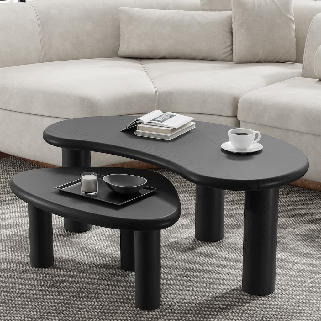 Modern Nested Coffee Tables Set 2-Piece Irregular Shaped Solid Wood Accent Tables for Home Office Living Room