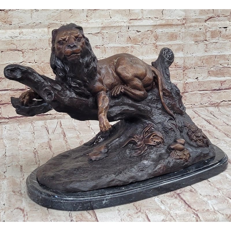 Lion Resting On A Branch - Bronze Sculpture Statue Wildlife Decor By J. Moigniez