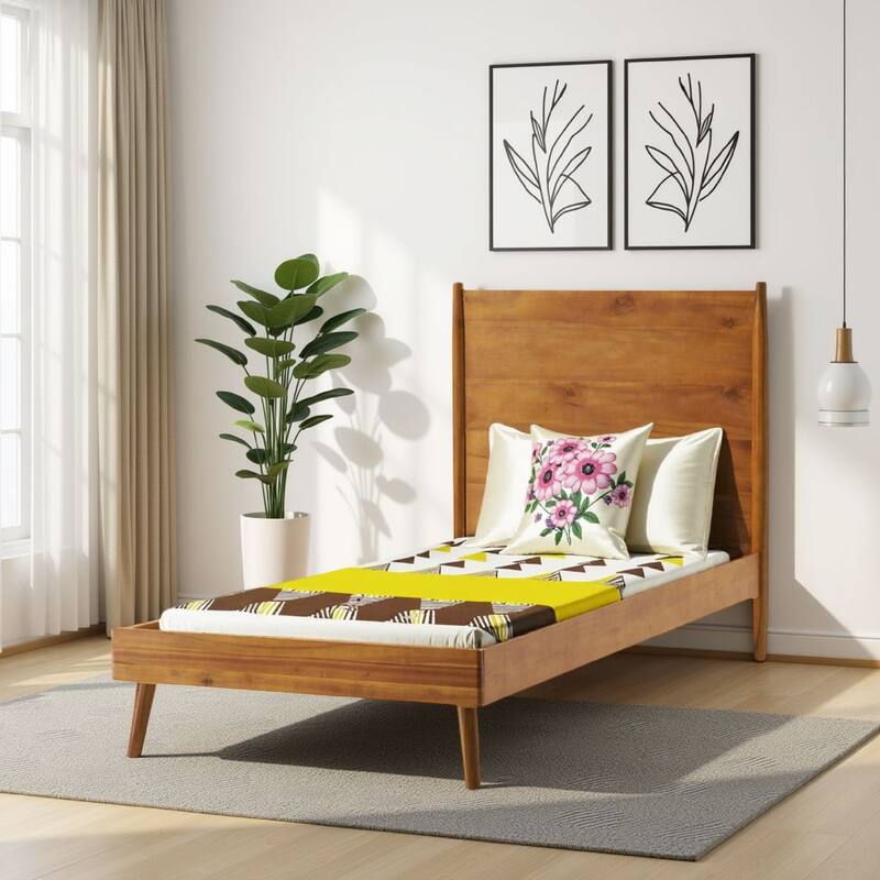 Ozzy Twin Size Bed with Panel Headboard, Natural Brown Acacia Wood