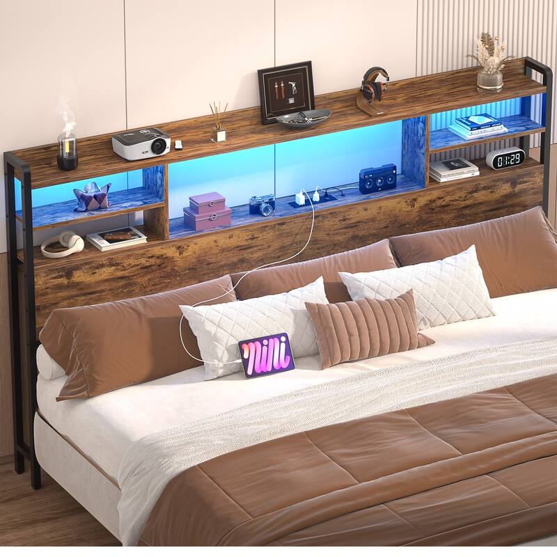 Storage Headboard with USB Port and Power Outlet, Head Board with LED Light for Bed Frame - Rustic Brown - King