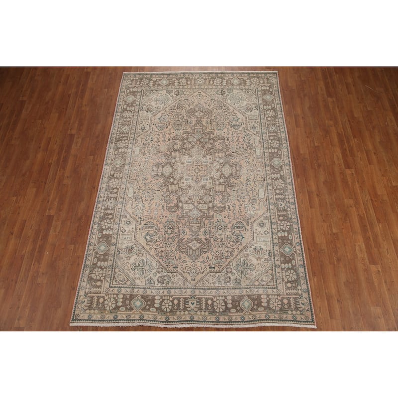 Hand Knotted Oriental 100% Wool Carpet Traditional Medallion Peach Tabriz Area Rug - 9' 8'' X 6' 4''