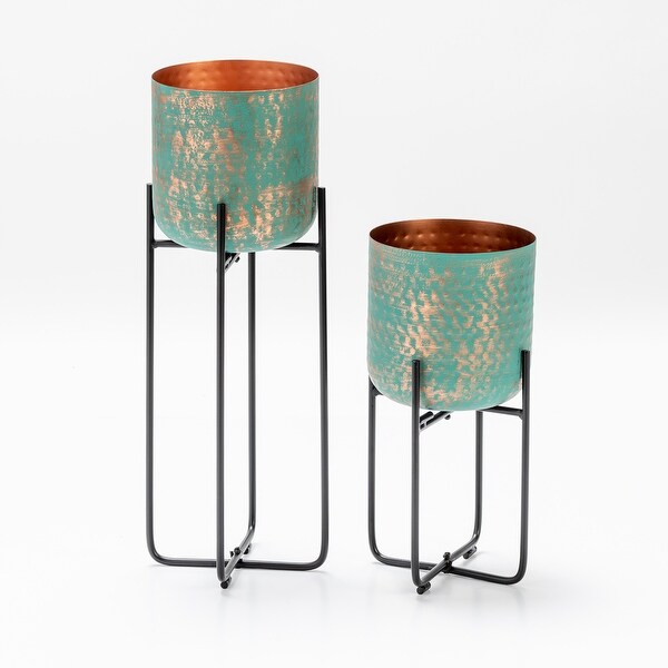 Set of 2 Planters, Copper Green Patina Finish. Opens flyout.
