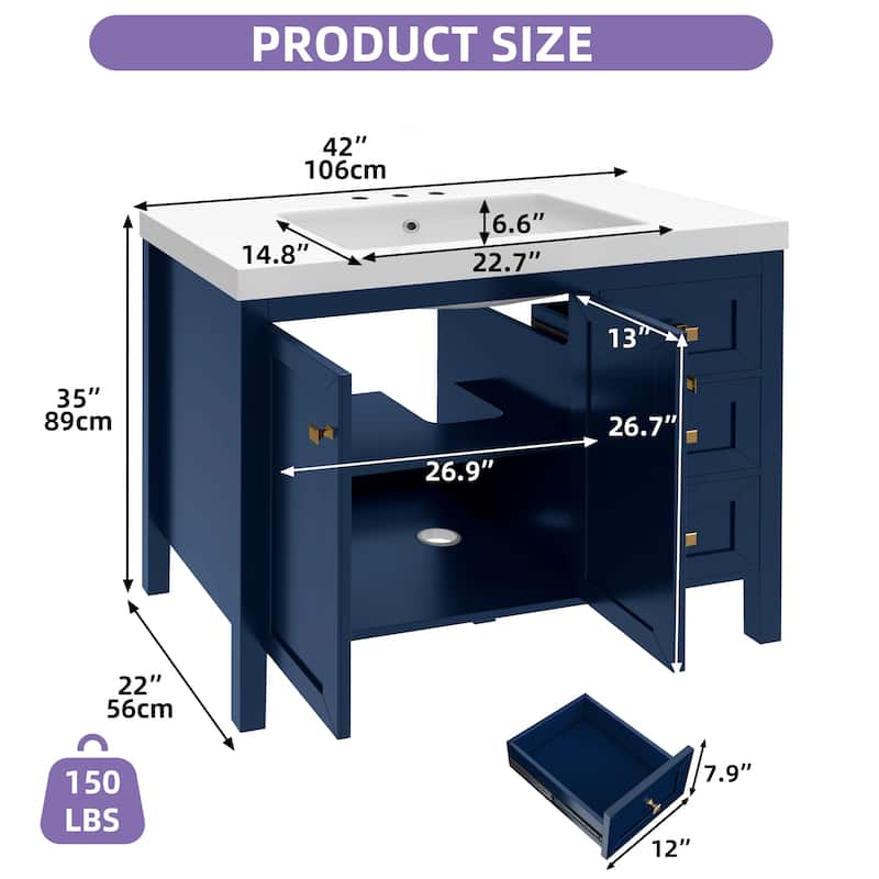 Moasis 36"/42" Bathroom Vanity with Sink Set and 2 Soft-Closing Doors & 3 Drawers - 42 Inch - Navy Blue