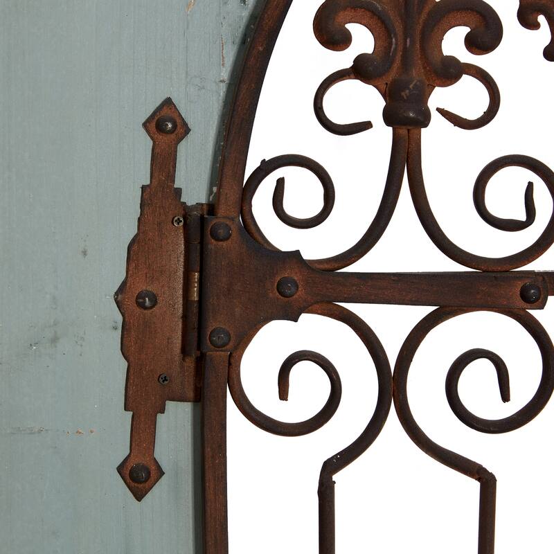 Blue Wood Arched Windowpane Fleur De Lis Home Wall Decor with Rust Metal Scrolled Gate