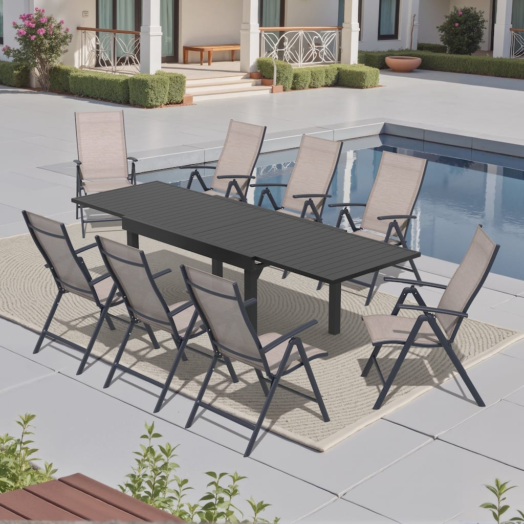 9-Piece Outdoor Dining Set Expandable Aluminum Dining Table and Adjustable Folding Chairs
