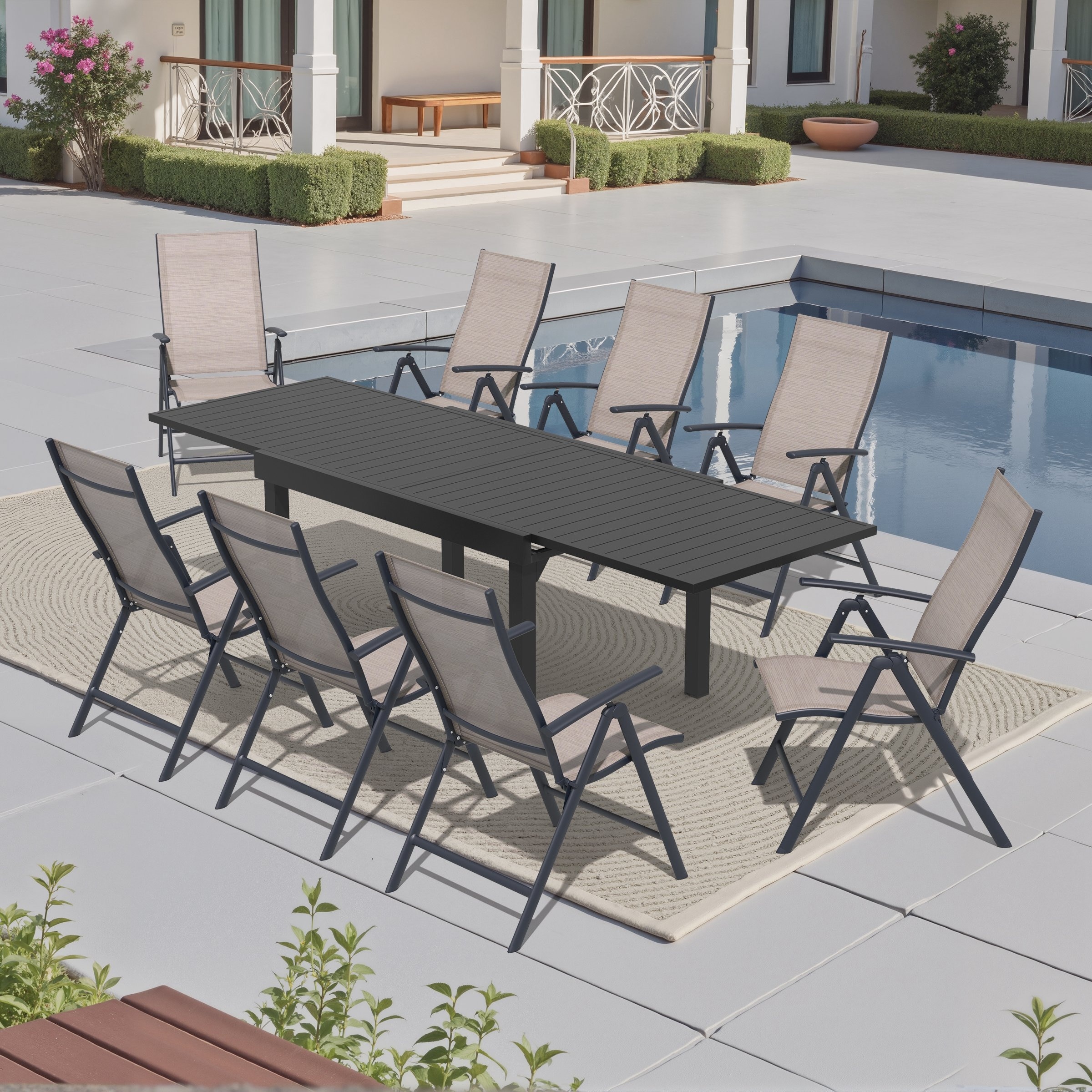9-Piece Outdoor Dining Set Expandable Aluminum Dining Table and Adjustable Folding Chairs