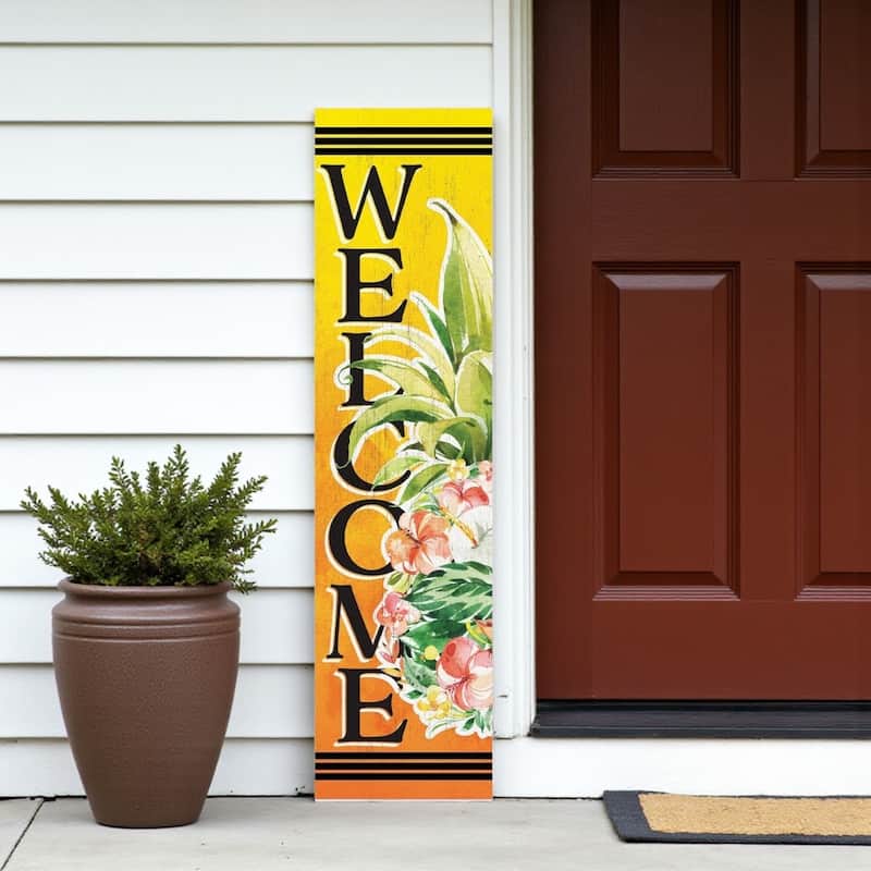 HomeRoots 36" Yellow Black And Green Solid Wood Tropical Floral Welcome Porch Sign - Green/Yellow/Black - Wood