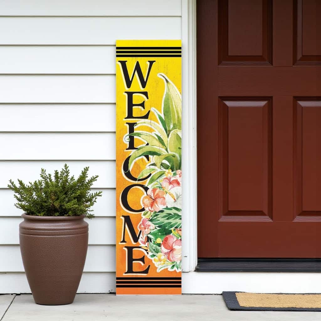 HomeRoots 36" Yellow Black And Green Solid Wood Tropical Floral Welcome Porch Sign