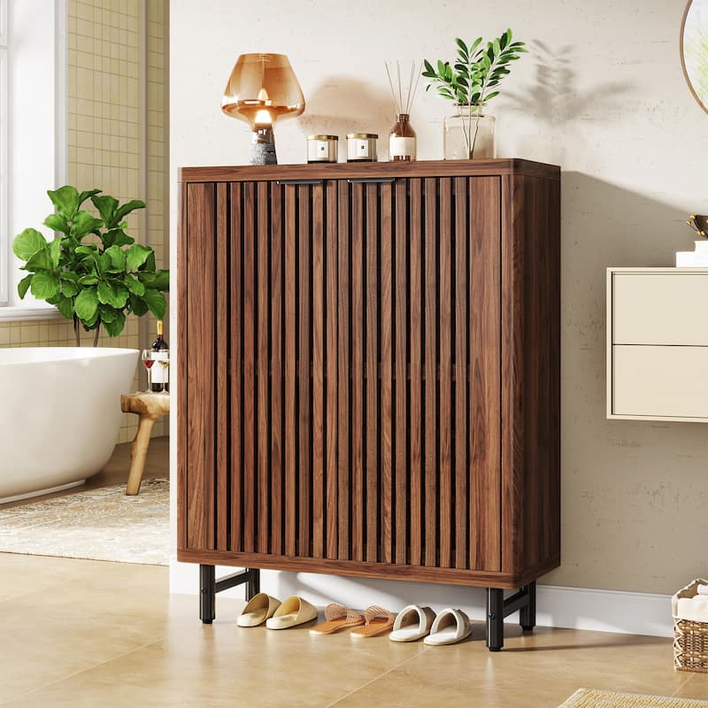 Wooden Bathroom Floor Cabinet, Adjustable Shelves Large Storage Sideboard Accent Cabinet for Bathroom Kitchen Living Room