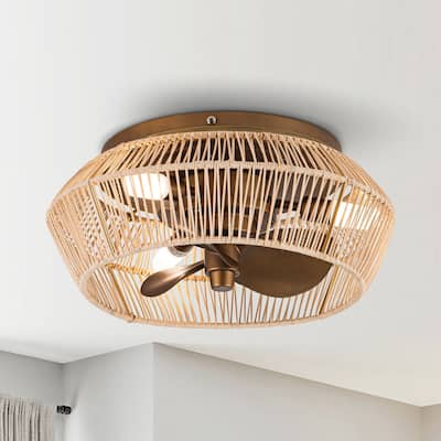 13.5" Coastal Rattan Brushed Bronze Cage Flush Mount Ceiling Fan with Lights