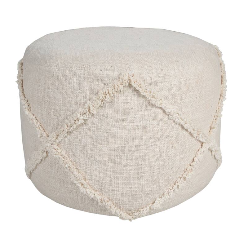 18" Beige Solid Texture Diamond Round Pouf Ottoman