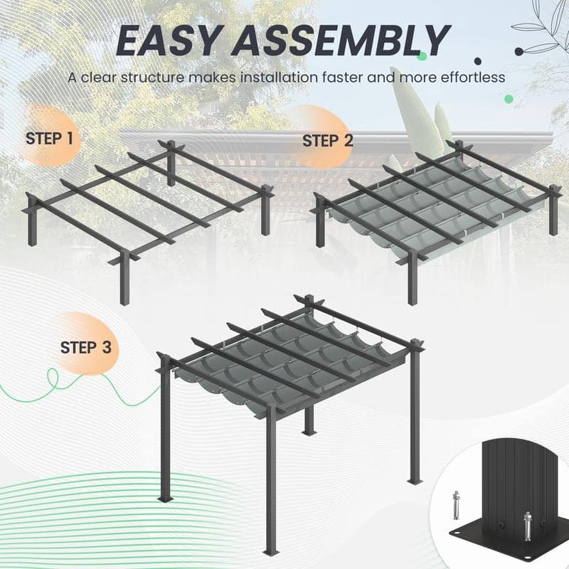 EROMMY 10' x 13' Outdoor Pergola with Retractable Canopy, Heavy-Duty Metal Frame and Adjustable Patio Shade Roof