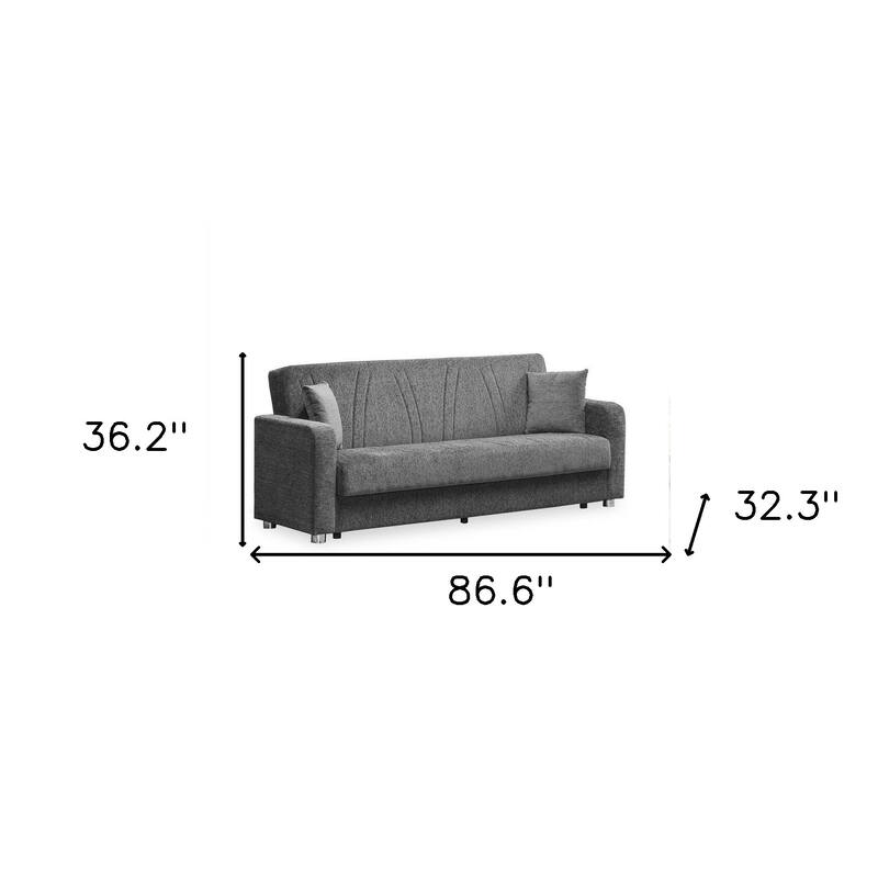 HomeRoots 87" Gray Chenille Convertible Futon Sleeper Sofa And Toss Pillows With Storage