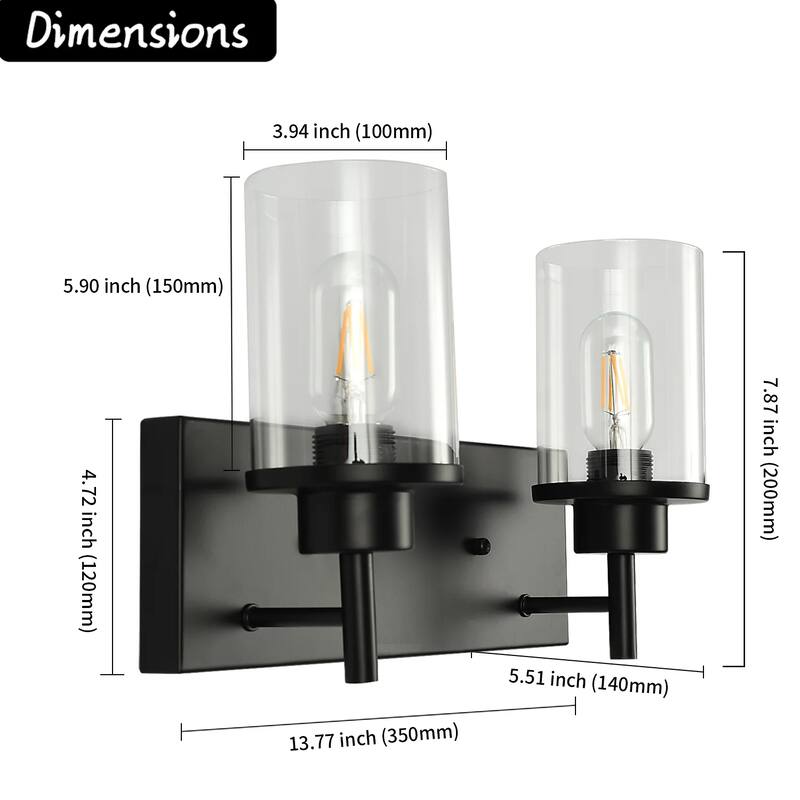 Starsky 2-Lights 13.77inch Modern Bathroom Vanity Light with Cylinder Glass Shade