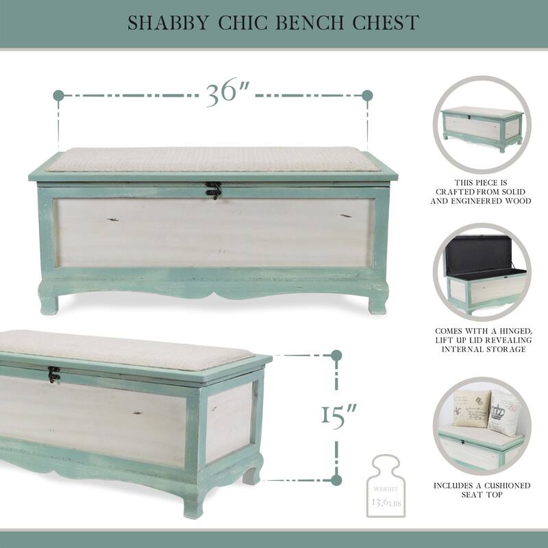 Seafoam Green Wooden Shabby Bench Chest with Seat Cushion - L: 36" x W: 16.5" x H: 15"