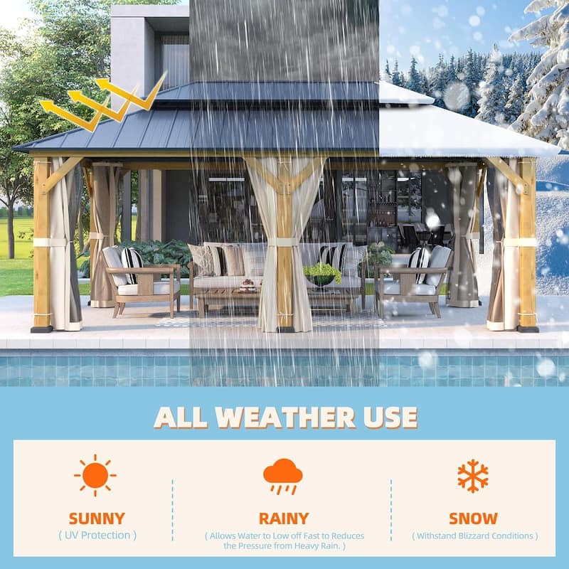 Hardtop Wood Gazebo for Patio, Outdoor Cedar/Spruce Pergola with Metal or Asphalt Roof, All-Weather Backyard Shelter