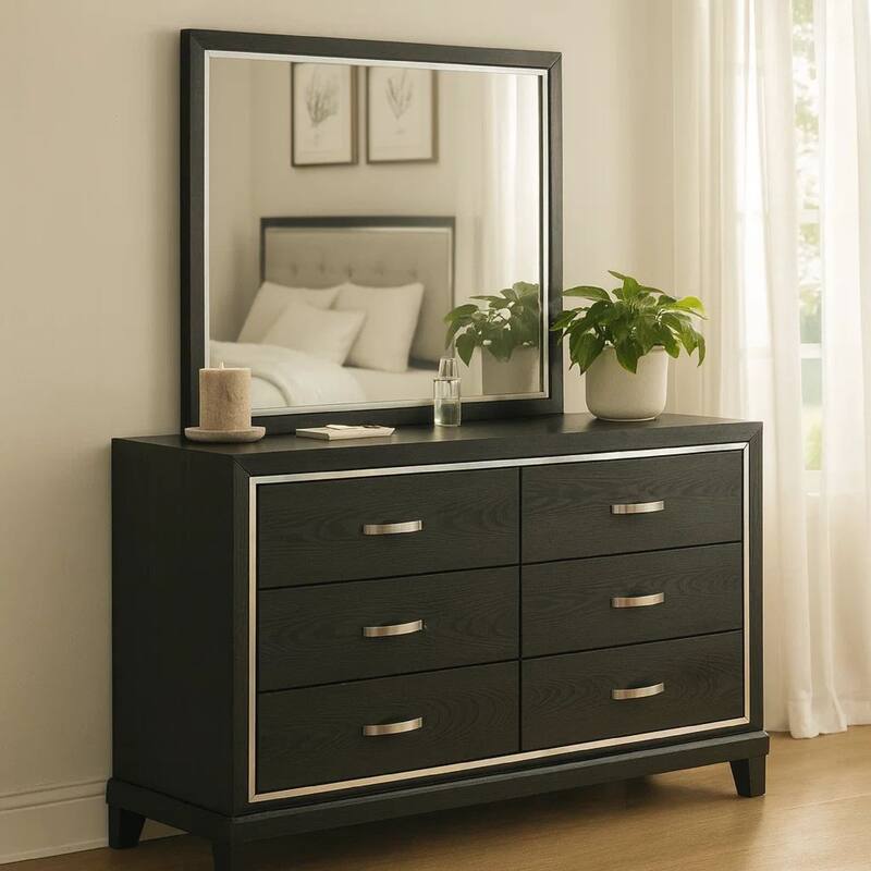 Lyla Wide Dresser, Silver Trim, 6 Drawer, Tapered Legs, Black Wood