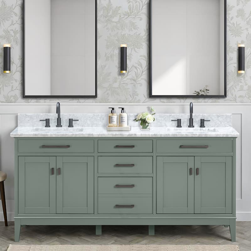 Madison 72 in. Double Sink Bathroom Vanity with Carrara Marble Top - 73"W x 22"D - Smoke Green